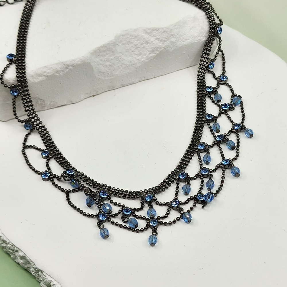 Kiam Family Blue Rhinestone Gunmetal Multi Strand Draped Statement Bib Necklace